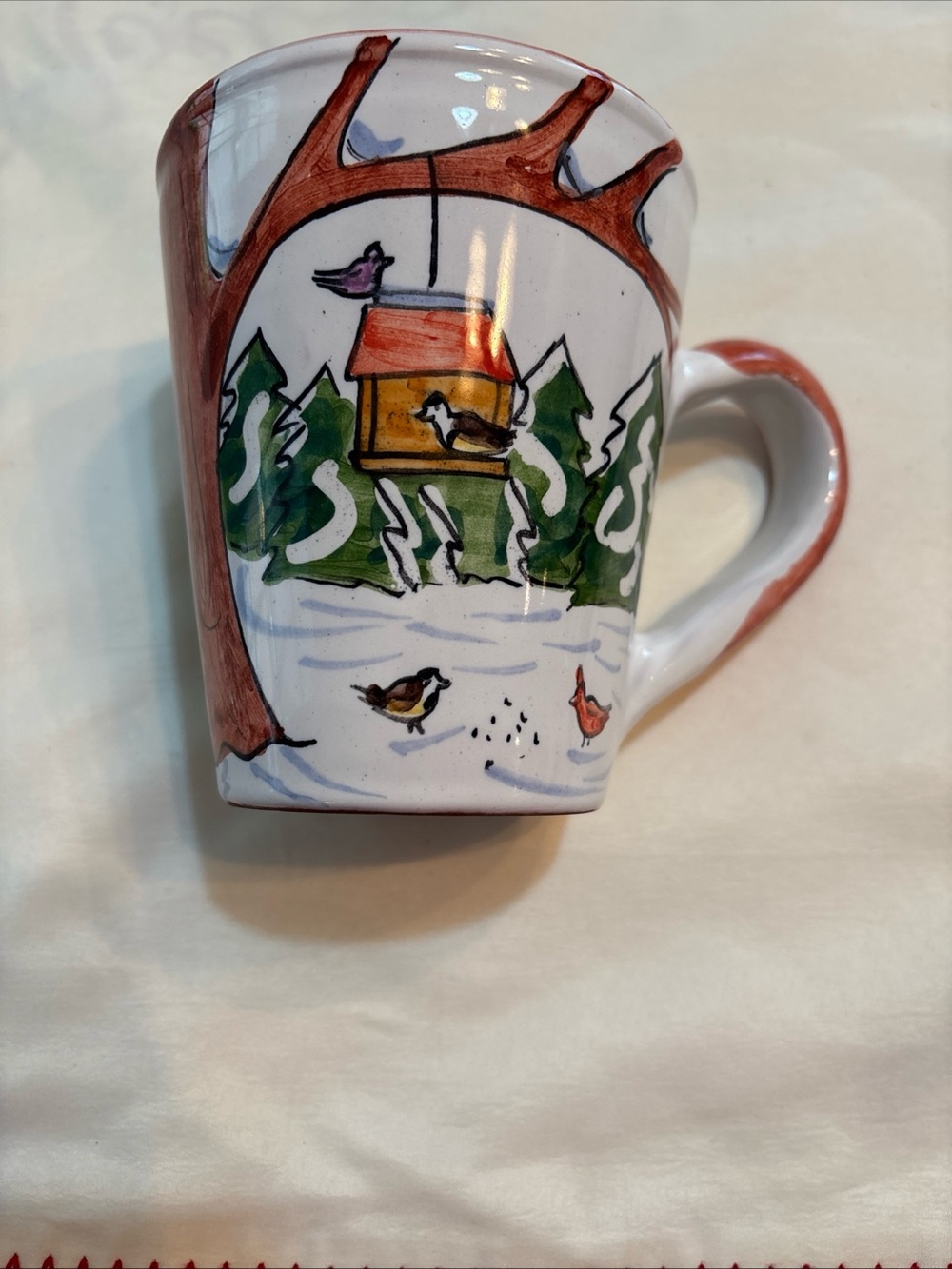 Vtg Caribe Handmade/Painted Ceramic Mug Made In Puerto Rico Winter Bird Scene